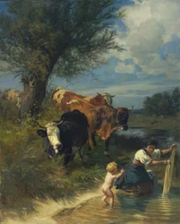 Cows and Washerwoman by the Stream